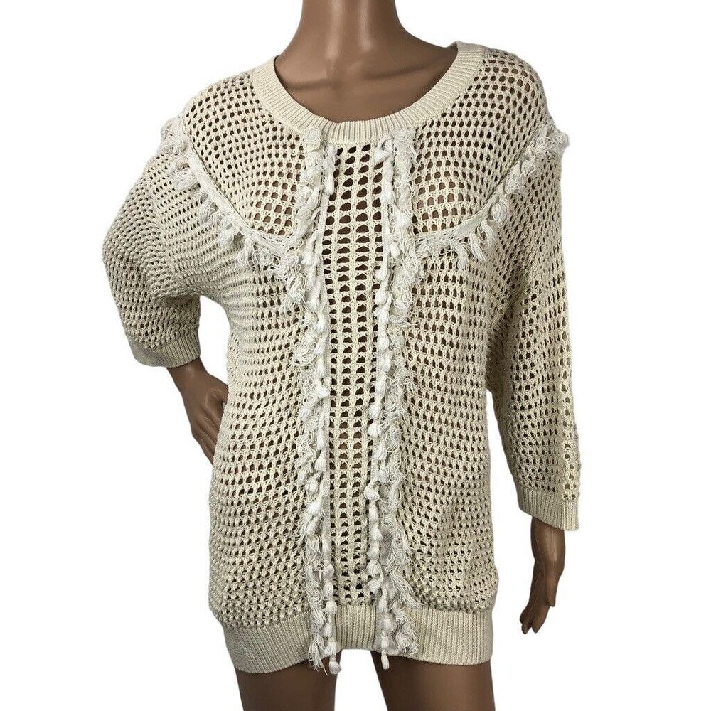 Leith Chunky Crochet Open Knit Sweater Size L Fringe Tassel Cut Out Boho Cottage